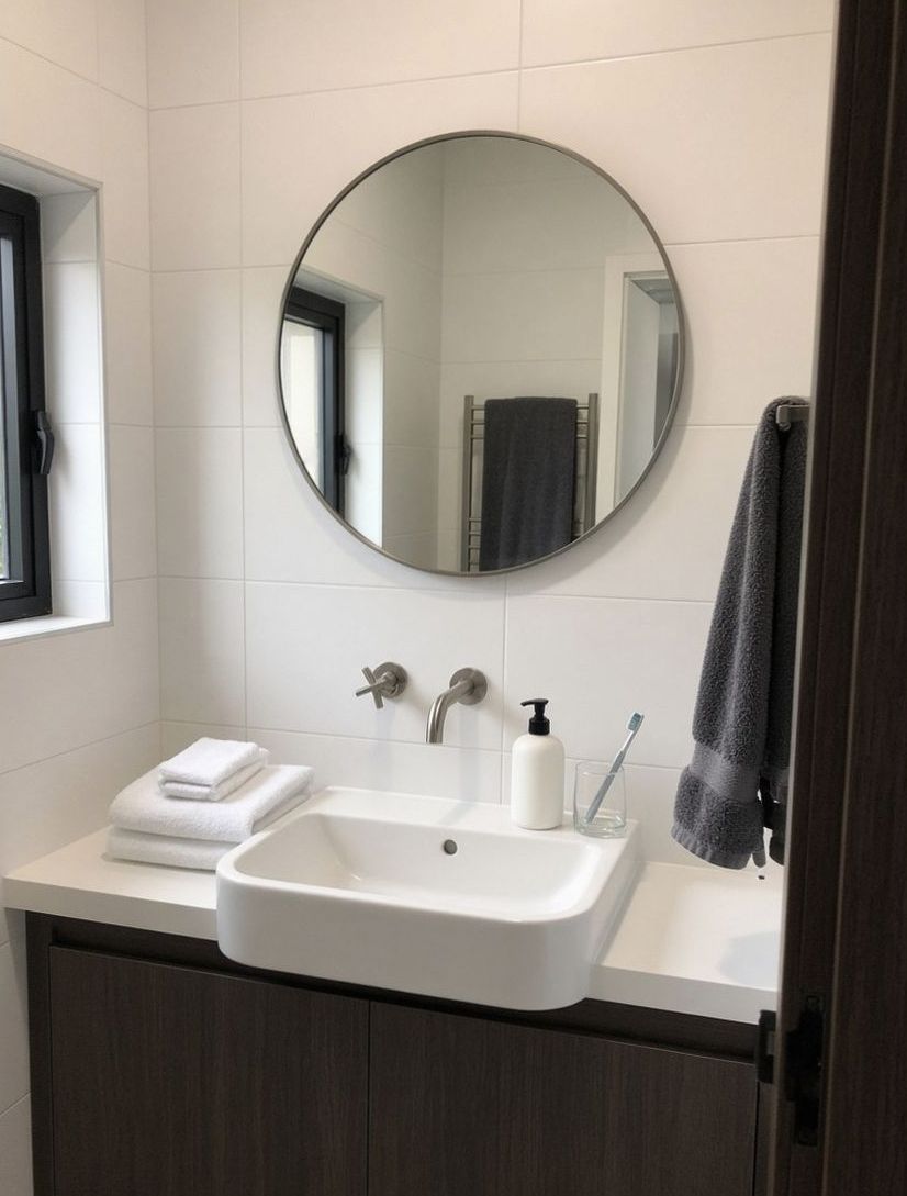 Bathroom with white tiles, round mirror and a vessel sink