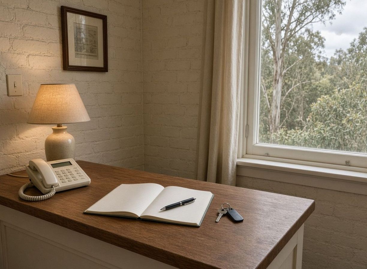 Wooden reception desk, beige telephone, open notebook and keys