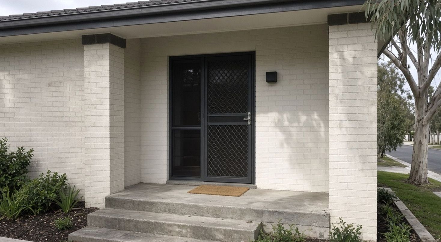 Cream brick porch, dark metal screen door, coir mat, gum tree to the right