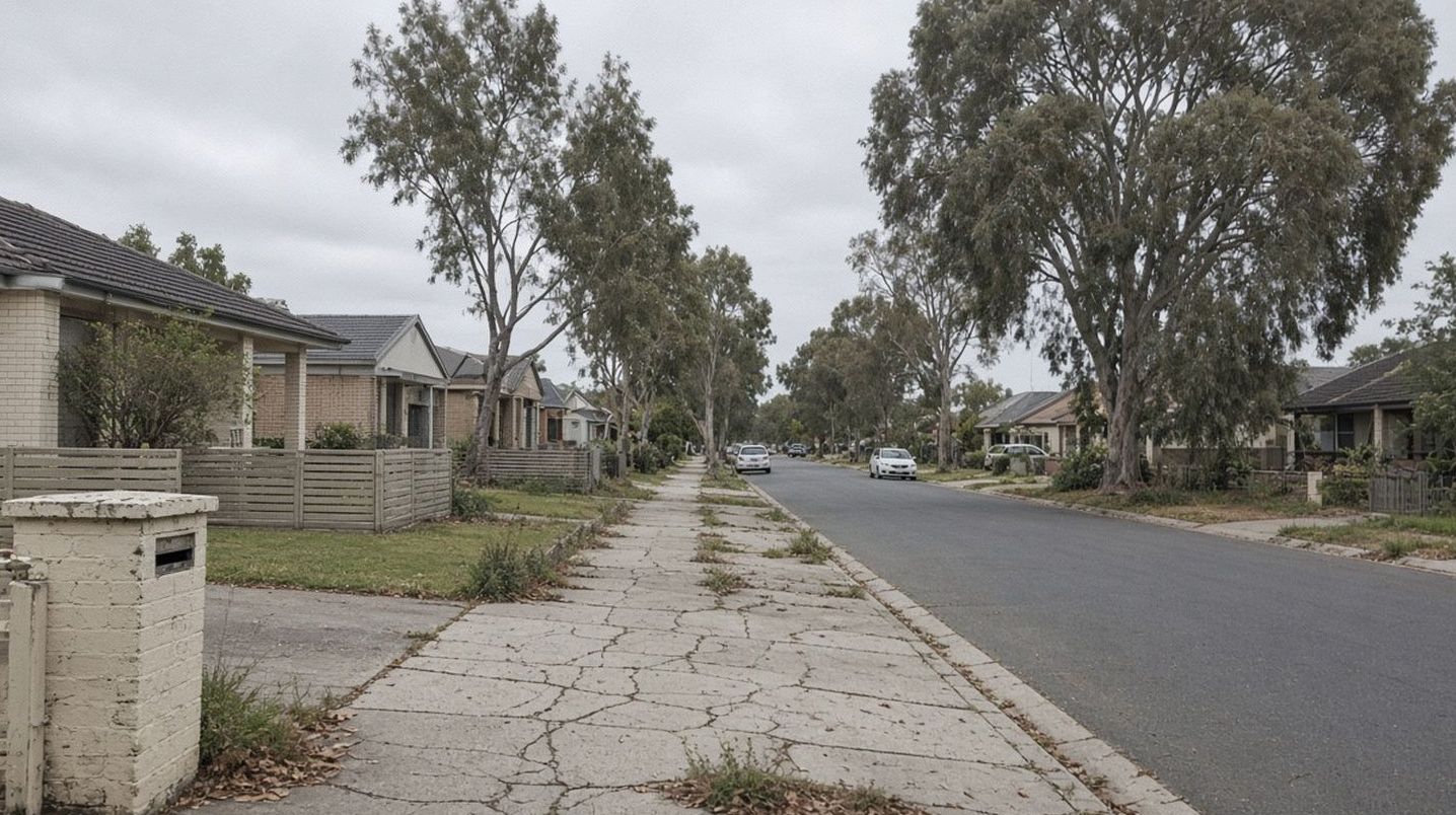 Morison Drive, cracked footpath, pale brick houses and eucalypts