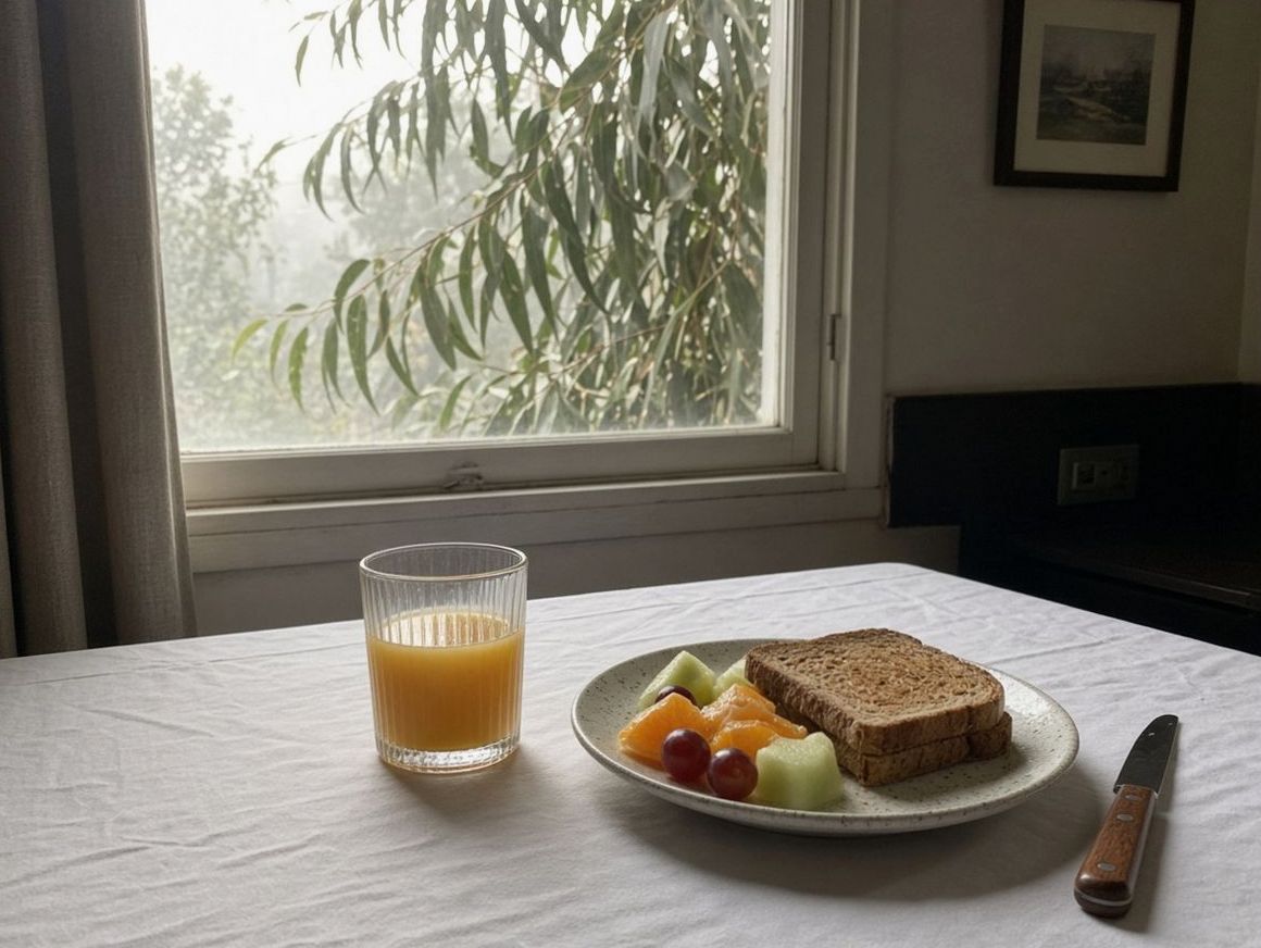 Breakfast plate with toast, fruit and juice by a window